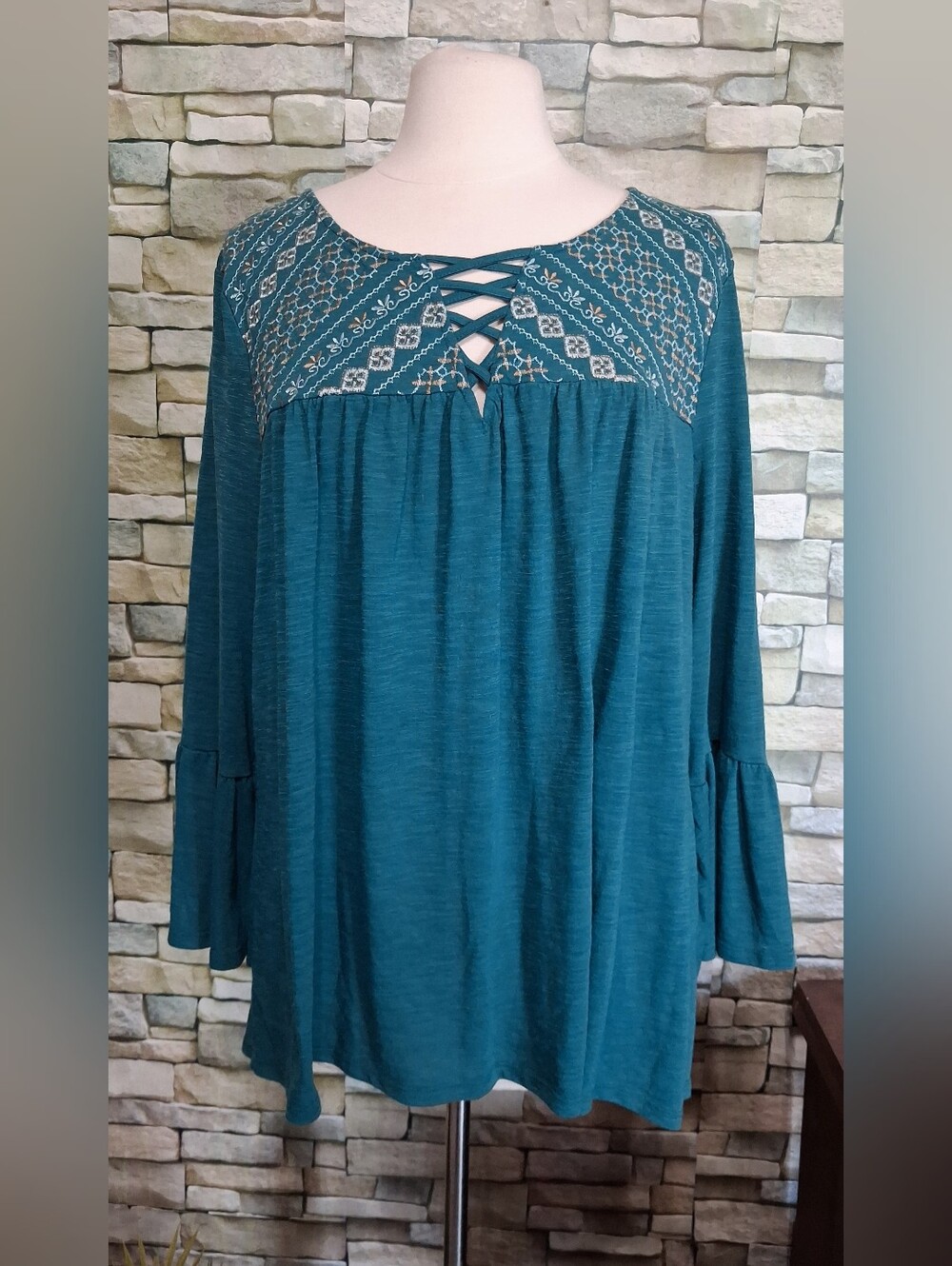 Faded Glory Teal Green Embroidered Lace-Up Tunic